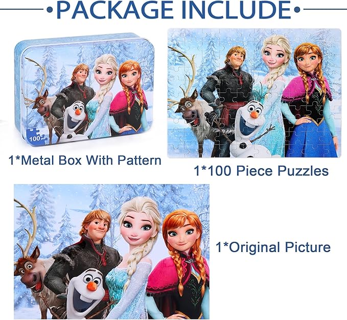 LELEMON Puzzles for Kids Ages 4-8,Snowmen 100 Piece Puzzles for Kids,Educational Kids Puzzles Jigsaw Puzzles in a Metal Box,Children 100 Piece Puzzle Games Puzzle Toys for Girls and Boys