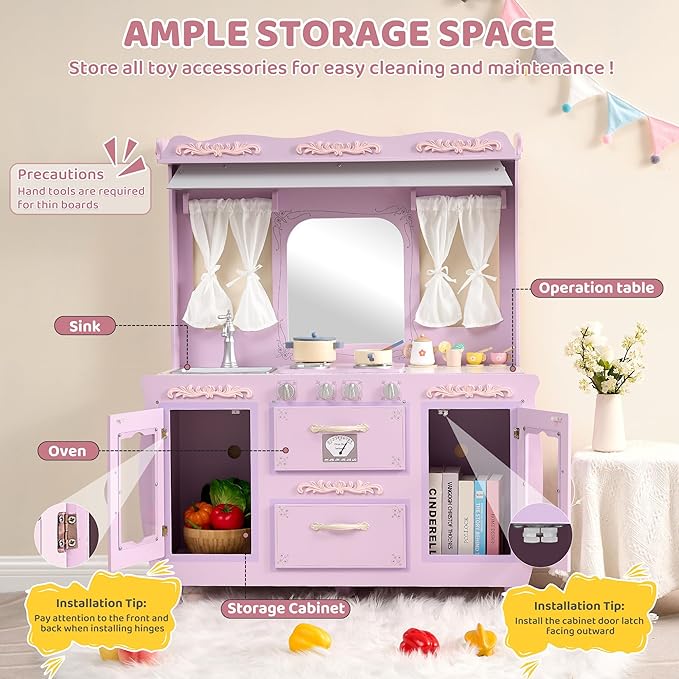 Kids Kitchen playset，Wooden Play Kitchen with Realistic Design，Kids Play Kitchen with Plenty of Play Features，Fine Gift for Ages 3+,Purple