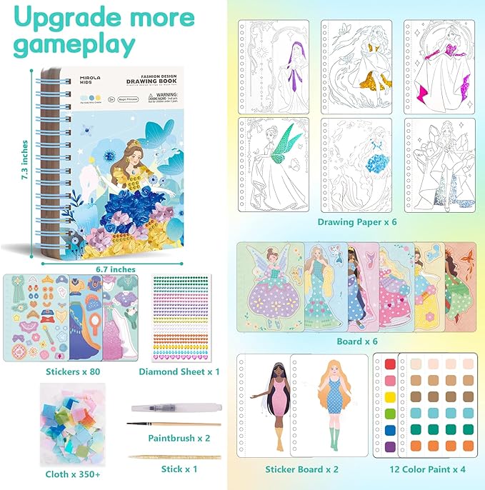MIROLA KIDS 4 in 1 Poke Craft Kits for Girls, Magic Princess Crafts for Kids Ages 4-8, DIY Activity with Princess Stickers, Watercolor Paint, Diamond Art Gifts for 4 5 6 7 8+ Year Old Girls