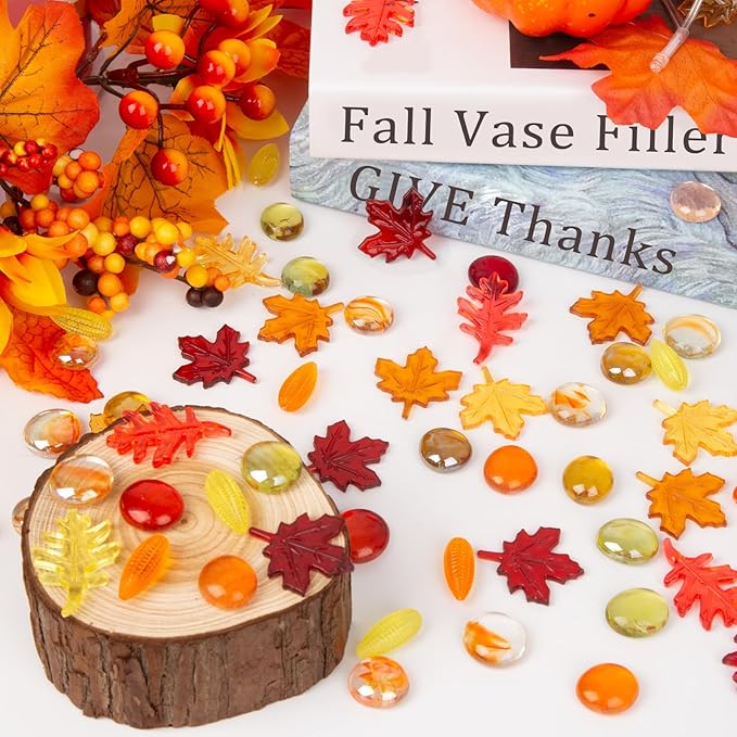 Fall Decor Sensory Bin Filler 100PCS Thanksgiving Vase Filler Acrylic Gems Autumn Leaves Corn Gems, for Fall and Thanksgiving Table Decor, Vase Filler, Sensory Bin Filler Preschool Counting