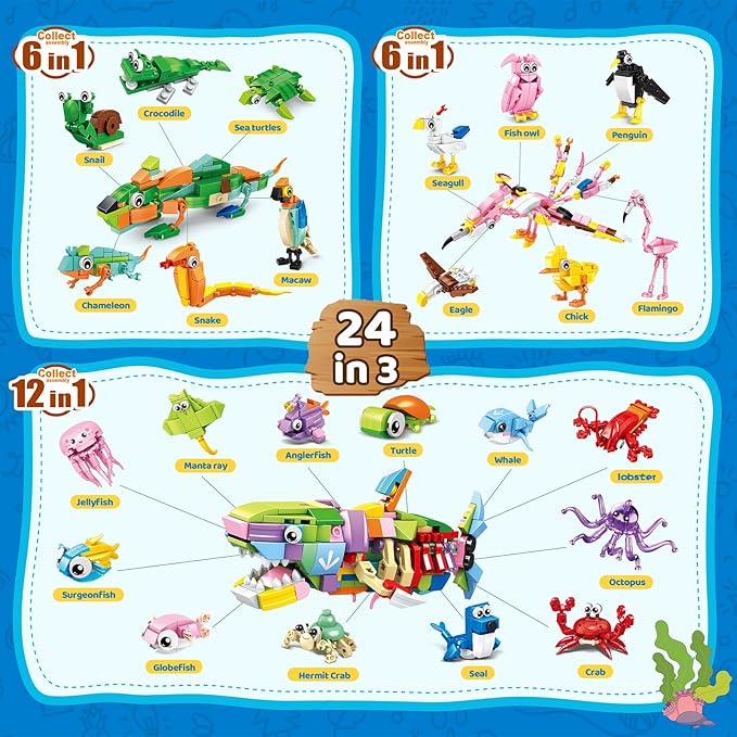24 Packs Party Favors for Kids – 779 PCS 6-in-1 & 12-in-1 Animal Building Blocks Set with Animal Cards – Goodie Bag Fillers, Classroom Prizes, Birthday & Christmas Gifts for Kids Ages 6-12