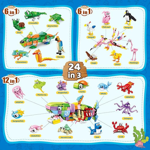 24 Packs Party Favors for Kids – 779 PCS 6-in-1 & 12-in-1 Animal Building Blocks Set with Animal Cards – Goodie Bag Fillers, Classroom Prizes, Birthday & Christmas Gifts for Kids Ages 6-12