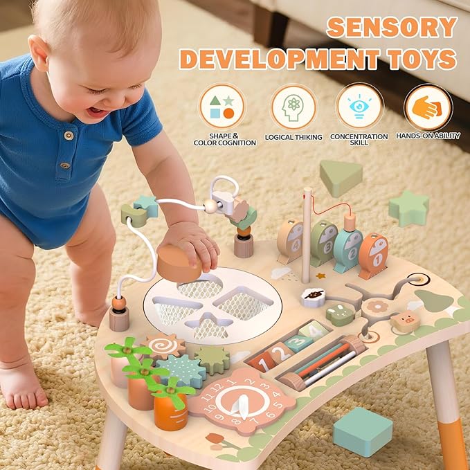 Activity Table for 1+ Year Old, 9-in-1 Montessori Wooden Activity Center with Shape Sorter Fishing Game Bead Maze, Baby Play Table Sensory Educational Toys for Toddler (Natural)