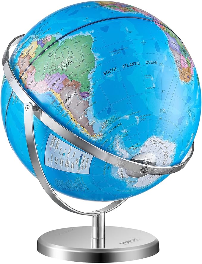 VEVOR Rotating World Globe with Stand, 13 in/330.2 mm, Educational Geographic Globe with Precise Time Zone ABS Material, 720° Spinning Globe for Kids Children Learning Classroom Geography Education