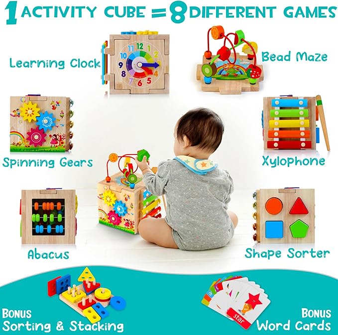 Wooden Activity Cube, 8-in-1 Montessori Baby Toys for 1+ Year Old Boys & Girls, Educational Learning Toys for Toddlers Age 1-2, 1st Birthday Gift | Bonus Sorting & Stacking Board