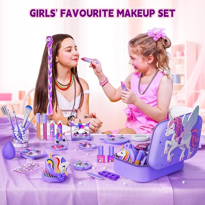 Kids Makeup Kit for Girl - Girls Makeup Kit Toys with Flying Horse Storage Case, Kids Play Makeup Set for Christmas Birthday Gift 3-12 Years Old
