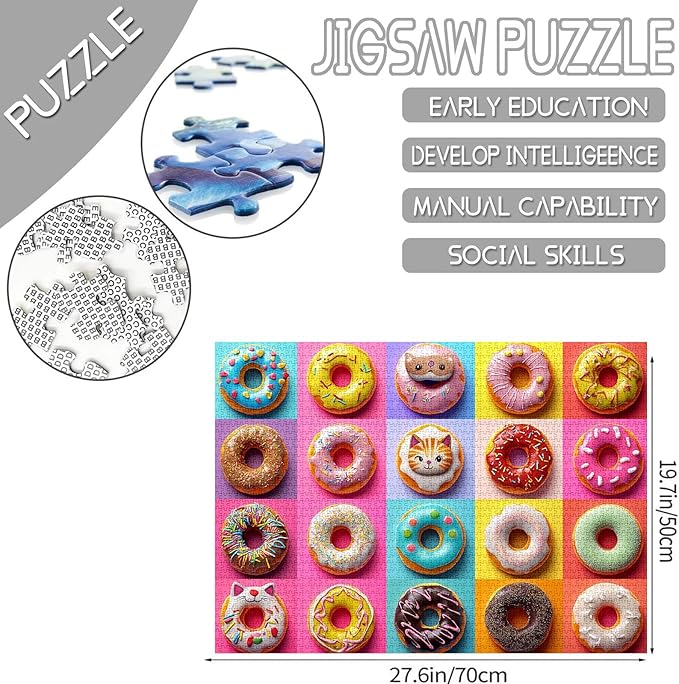 Different Shapes Colors Doughnuts Jigsaw Puzzle 1000 Pieces Puzzles for Adults, Colorful Playful Donut Jigsaw Puzzles for Challenging Family Activity Games DIY Puzzle for Home Decor - 20 x 27 Inches