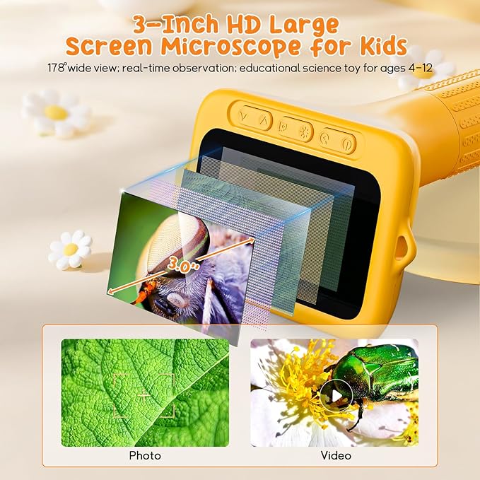 Digital Microscope for Kids, 3" Screen 1000X Handheld Microscope HD Pocket Portable Microscopes Camera, Science Edu Fun Birthday Gifts Toys for Ages 4-12 Children Students Boys Girls -Yellow
