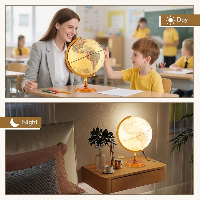 Goplus 12 Inch Illuminated World Globe, Antique Light up Rotating Globe Night Lamp with Wooden Stand, Geography Educational Desktop Decoration for Kids Adults Home Office School (Antique-Bronze)