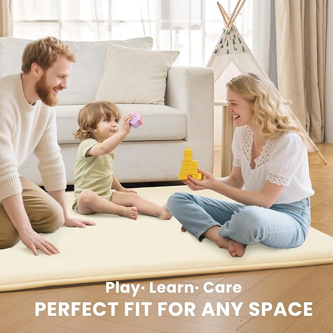 ACOMOPACK 1.3" Thick Baby Play Mat for Floor 59x71"-Large Water-Repellent&Non-Slip Memory Foam Mat for Kids,Toddlers,Soft Velvet Nursery Rug for Tummy Time&Crawling,Yoga,Tatami Style(Beige)