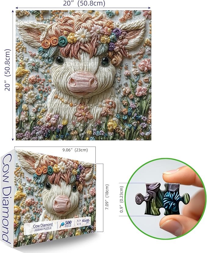Crystal Highland Cow 500 Piece Puzzles for Adults Cute Cow Flower Animal Jigsaw Puzzles 500 Pieces Highland Cow Diamond Art Difficult Unique Family Challenging Puzzle (20"x20")