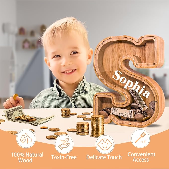 Wooden Letter Piggy Bank for Kids Larger Letter Piggy Bank for Boys and Girls Personalized Piggy Bank Initial Coin Bank Wood Kids Money Bank for Birthday and Festival