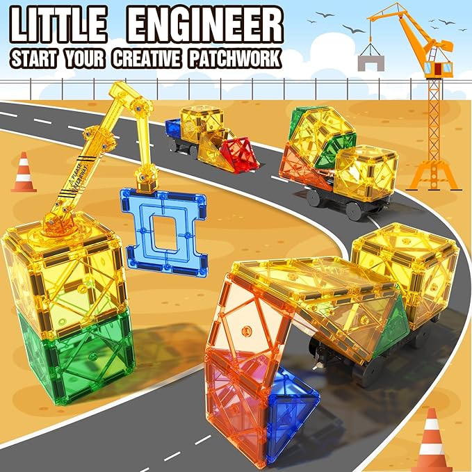Magnetic Tiles Road Set with Magnet Crane Car, Construction Toys for Kids Ages 3-5 4-8 5-7, Creative Magnetic Building Blocks Toddler Toys, Gifts for 3+ Year Old Boys & Girls