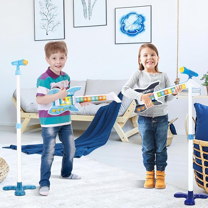 deAO Kids Guitar and Microphone Set with Stand Adjustable Height Music Light Karaoke Music Toys Christmas Birthday Gift for Kids Boys Girls (Black)