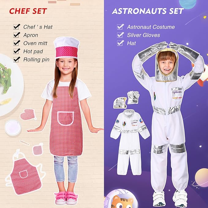 Vicenpal 10 Set Dress up Clothes for 3-8 Years Old Washable Construction Policeman Fireman Doctor Chef Gardener Explorer Scientist Soldier Astronaut Costumes for Boys and Girls Role Playing Activities