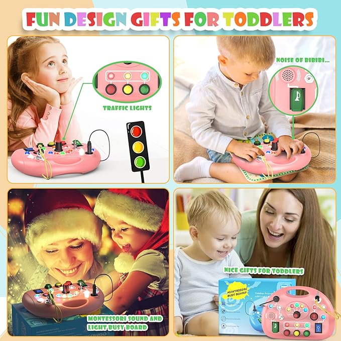 Montessori Busy Board, Busy Board with LED Light for Toddlers 2-4 Year Old, Baby Sensory Board Toddler Travel Toys for Kids My Preschool Busy Book Boy and Girls Birthday Gifts (Pink)