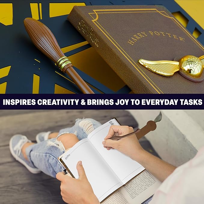 Harry Potter A5 Notebook Set with Broomstick Pen for Kids, Teens, Faux Leather Cover, Golden Snitch Detail, Stationery Supplies, Gifts for Kids (Brown Wand Pen)