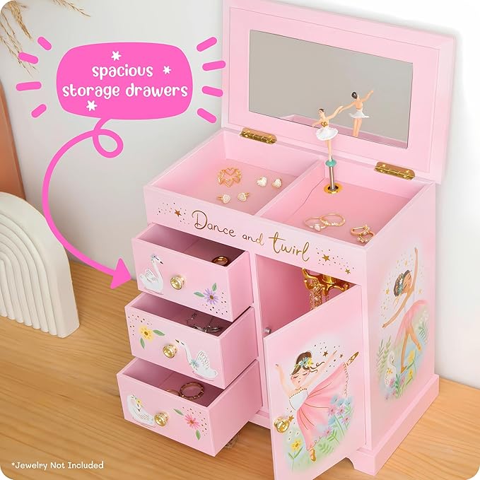 Ballerina Musical Jewelry Box for Girls - Ballerina Toys for Girls Age 4-6 - Kids Jewelry Box with Drawers - 9 x 5 x 9.3 in