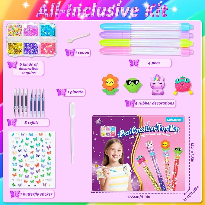 MOMUSE DIY Pen Making Kit, Fun Pen Creator Studio – Make You Own 4 Sparkly Glitter Pens, Creative Art and Craft Kits Toys for Kids Girls Tweens 6 7 8 9 10 11 12 Years Birthday Gift Present