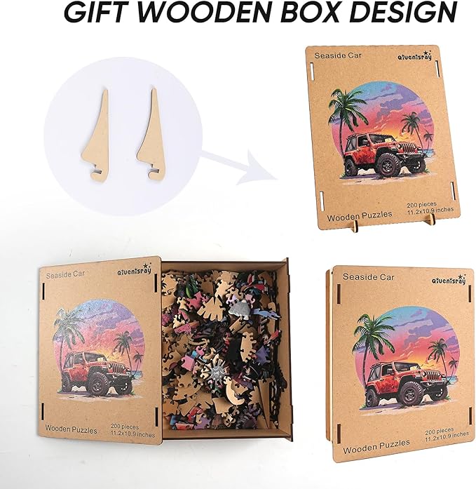 Wooden Puzzles Seaside Car, 200pcs, 12.4x11.4in, Wooden Puzzles for Adults, Unique Shape Animal Adult Puzzles, Irregular Wood Puzzles Best Gift for Adults Family Game