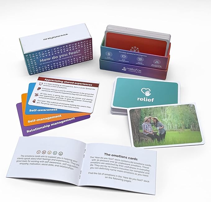 metaFox How do You Feel? Emotions, Feeling Picture Cards| 60 Pleasant & unpleasant Emotions & 8 Methods Cards | for Emotional Intelligence, Coaching & Therapy (English, Small)