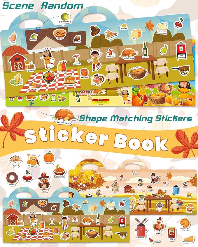 Reusable Sticker Book for Toddlers 2-4 Years, Stickers for Kids, Toddler Sticker Book Ages 1-3, Toddler Craft Activities, Toddlers Travel Toys Ages 2+ Boy Girl Birthday Gifts - Thanksgiving