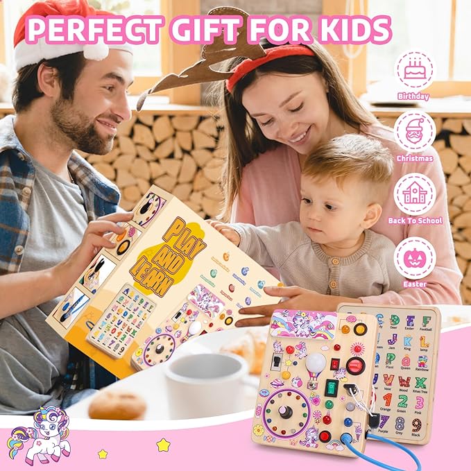 Toddler Busy Board,Montessori Toys for 1-3 Years Old,Baby Sensory Board,Wooden Learning Toys,Christmas & Birthday Gift for Boys & Girls (Unicorn Busy Board v2)