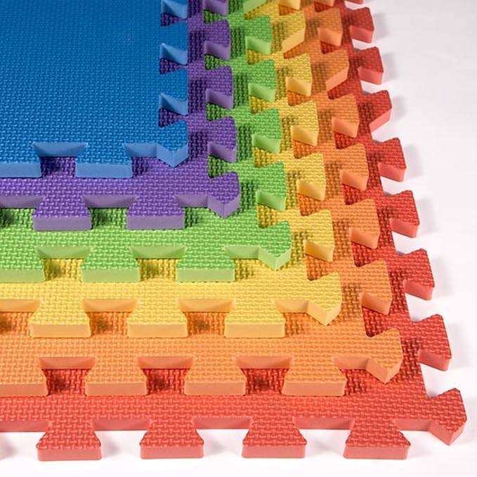 FlooringInc's Rainbow & Natural Harmony Playmat - Kid Safe Foam Floor Tiles with Removable Edges - 2'x2', 1/2" Thick (Rainbow, 24 Tile Pack)