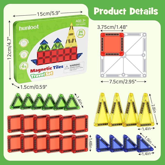Mini Magnetic Tiles - 26PCS Travel Magnetic Building Set with Storage Iron Box，STEM Educational Toys for Kids Ages 3+ ，Portable Construction Toys for Toddlers, Boys & Girls
