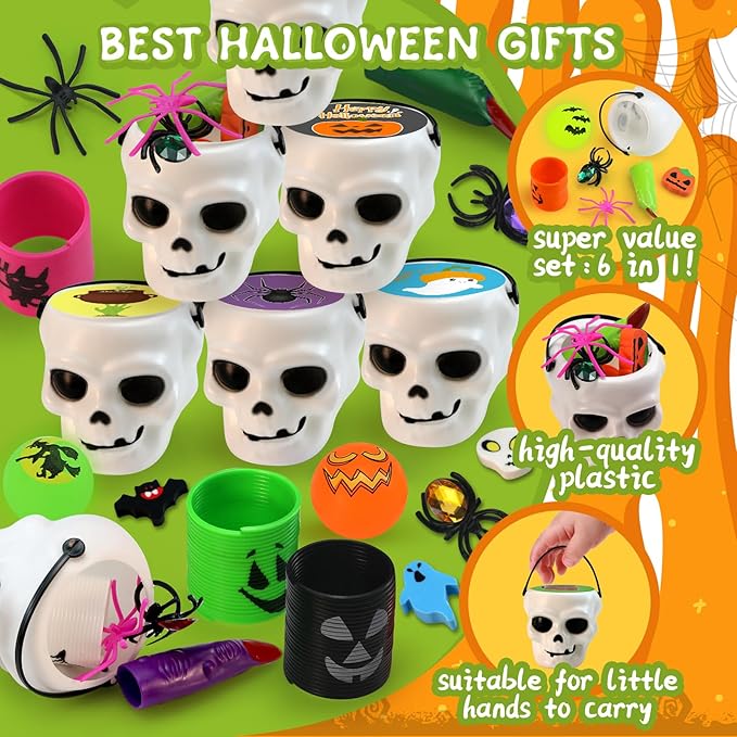 480PCS Prefilled Party Favor Bulk for Kids, 60PACK Prefilled Ghost Cauldrons With 6 Halloween Toys Inside, Goodie Bag Fillers, Prizes Gifts Miniatures for Kids, Trick or Treat
