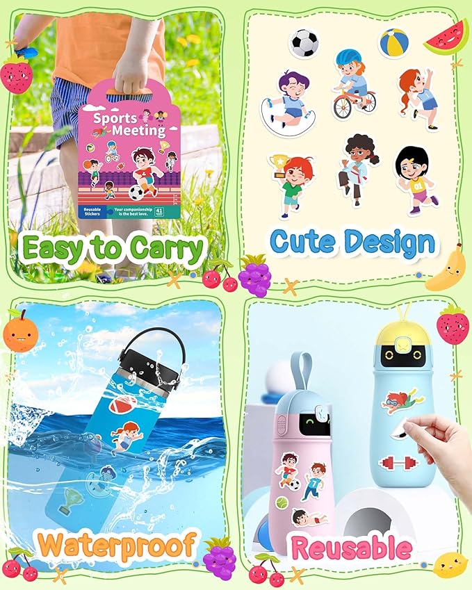 Benresive Reusable Sticker Book for Toddlers 2-4 Years, Fun Travel Stickers for Kids, Waterproof Sticker Books for Toddlers 1-3, Crafts Activities for Todddlers 1-3 2-4 3-5 - Sports