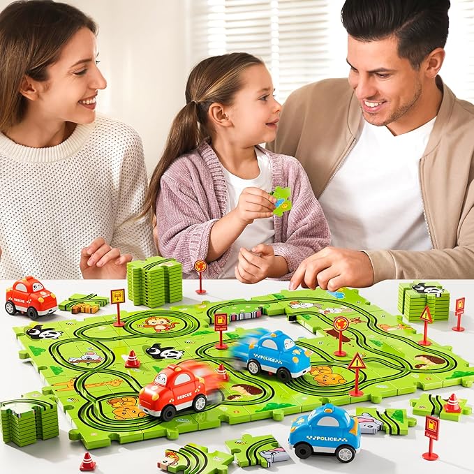 48PCS Puzzle Race Track Car Set Toys for Kids Boys, Floor Puzzle Car Tracks for Boys Ages 3-5 4-6, Toddler Toys Gifts for 3 4 5 Year Old Kids, Ideal 3 4 5 6 Year Old Birthday Gifts