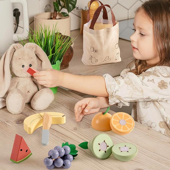 ROBOTIME Wooden Play Food Cutting Fruit Set, Pretend Play Toy Food for Play Kitchen with Shopping Bag – Kids Kitchen Accessories, Wooden Fruit Toys for Kids Boys Girls