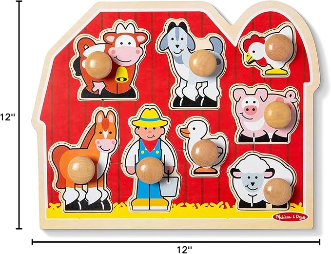 Melissa & Doug Farm Animals Jumbo Knob Puzzle, Wooden Peg Puzzle for Toddlers, Educational Toy for Shape Recognition and Fine Motor Skills, Ages 1+
