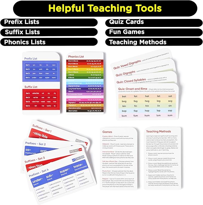 Think Tank Scholar 1000+ Words Phonics Flash Cards + Prefixes & Suffixes (Award Winning) 122 Phonics, 6 Teaching Methods & 6 Fun Games – Preschool, Kindergarten 1st, 2nd, 3rd Grade Homeschool Ages 4-8