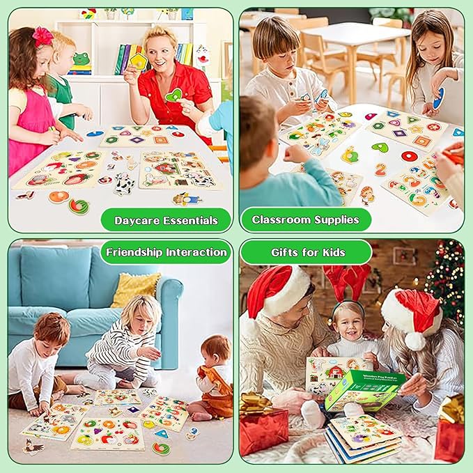 Wooden Puzzles for Toddlers,6 Pack Toddler Puzzles for Boys Girls,Montessori Toys for Baby,Preschool Learning Wooden Peg Puzzles for Kids with Farm,Insects,Numbers,Shapes,Animals,Fruits
