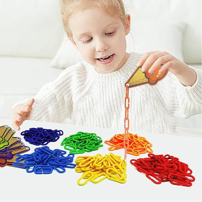 Chain Link Math Manipulatives - 240 C Clips Plastic Chain Links & 20 Ice Cream Cards for Counting & Linked Math Game - Learning Resources for Kindergarten Sensory Bin Math Links Counting Toy