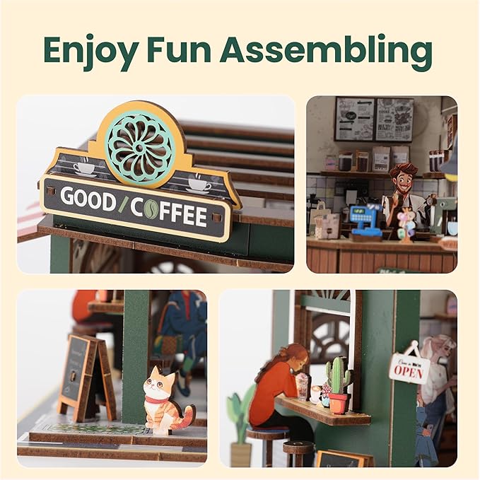 Book Nook Kit - DIY Miniature House Kit for Adults, Dollhouse Booknook Tiny House Bookshelf Decor 3D Wooden Puzzle Street Model, Ideal Gift for Book Lovers, Family, Friends (Coffee Shop)