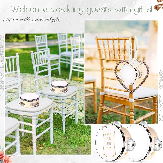 24 Set 4 Inch Tambourine for Adults Wooden Hand Held Drum with Metal Jingles, Gift Tags, White I Love You Printed Ribbon Percussion Gift Musical Instrument for Church Wedding Party Favor