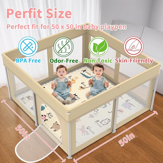 Baby Play Mat for Floor, 50x50 Playpen Mat, Soft Portable, Non-Slip Crawling Mat Machine Washable Foldable Playmate for Babies,Toddlers, Infants Indoor/Outdoor Use, Alphabet & Animal Design