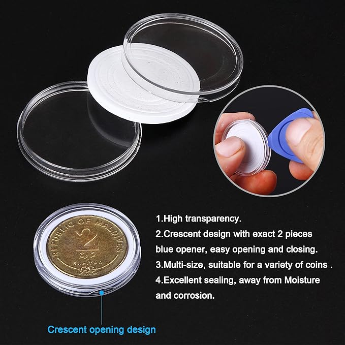 SPLF 100 Pieces 30mm Coin Capsules and 5 Sizes (17/19/21.5/25/27/29.5mm) White Protect Gasket Coin Holder Case with Plastic Storage Organizer Box for Collection Supplies