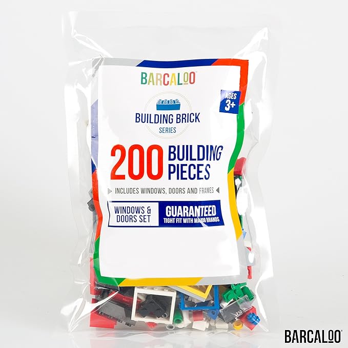 Barcaloo 200 Piece Windows, Doors, and Roof Tops Building Bricks Play Set, 7 Classic Colors, Includes Windows, Doors, and Roof Pieces, Classic Colors
