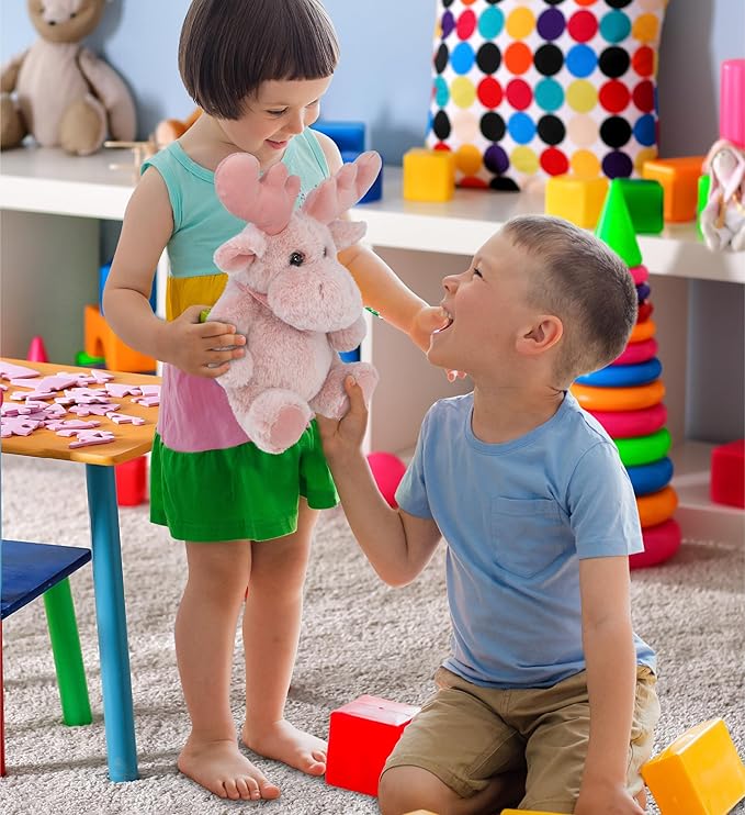 DolliBu Baby Pink Moose Stuffed Animal - Super Soft Stuffed Animals for Girls and Boys, Adorable Stuffed Wild Creatures for Kids and Cute Wild Animals Cuddle Stuffed Animals for Adults - 8.5 Inches
