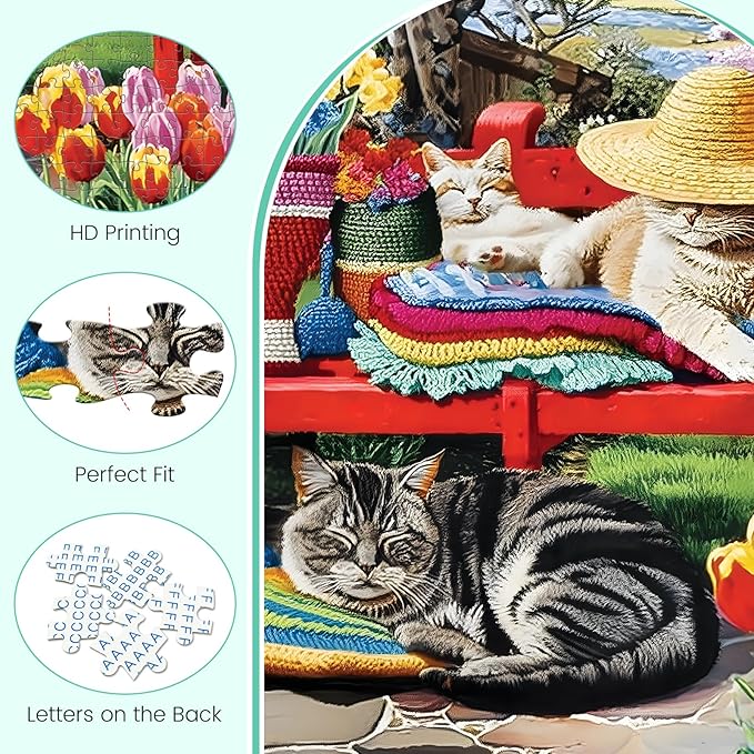 500 Piece Puzzles for Adults, Cats Napping on Red Bench 500 Piece Puzzle, Cat & Garden Jigsaw Puzzle, Perfect for Family Game Night, Home Wall Decor, Ideal Gift for Adults, Kids, Seniors, 20.5 x 15 in