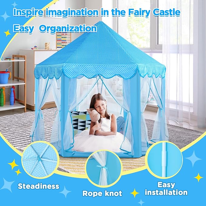 Monobeach Princess Castle Playhouse for Girls - Large Kids Tent with Star Lights for Indoor & Outdoor Play, 55'' x 53'' (DxH) (Blue Princess Tent with Little Star Lights)