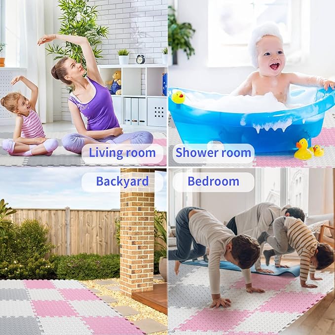 Foam Play Mat for Baby, 0.4 Inch Thick Foam Interlocking Floor Mats, Soft Non-Toxic Baby Playmat, Solid Colored Puzzle Play Mat Kids Floor Mats for Toddler, 16 Tiles(White/Light Gray/Pink)