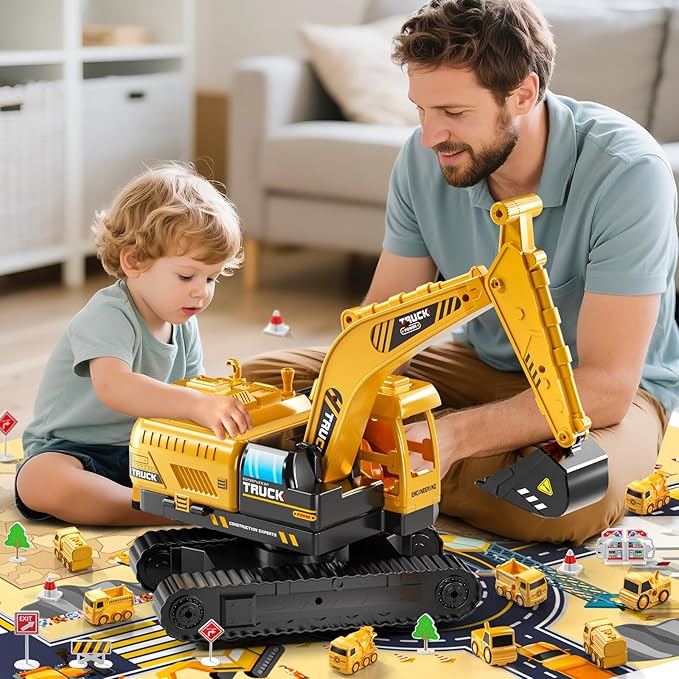 Construction Excavator Toys for Boys 3-5 Year Old - Engineering Digger Race Tracks with Excavator Crane, Car Sand Toys with Light Sound, Birthday Gifts for Toddlers Boys Girls Age 3 4 5 6