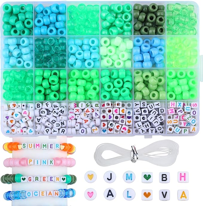 XIANNVXI 24Colours Green Pony Beads for Bracelet Friendship 720pcs Letter Kandi Green Pony Beaded Kit Bracelet Making Kit for Jewelry DIY Crafts