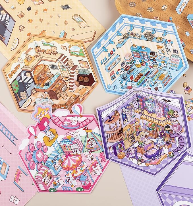 DIY 3D House Stickers, 4 Sets Fun DIY Sticker Scene Make Your Own Mini House Cute Cartoon Animal Scene Stickers for Kids Adult Sticker Art Relief Stress Pass The Time