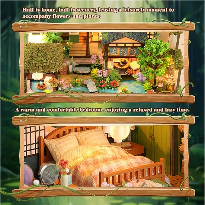 Miniature House Kit, Book Nook, 3D Wooden Puzzle, DIY Miniature Kit, Dollhouse Kit, Mini House Building Kit, Doll House Kits for Adults Teen to Build (Spring Courtyard)